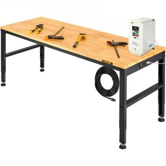 VEVOR Workbench Adjustable Height, 61"L X 20"W X 36"H Garage Table w/ 27.1" - 36" Heights & 2000 lbs Load Capacity, with Power Outlets & Hardwood Top & Metal Frame & Foot Pads, for Office Home