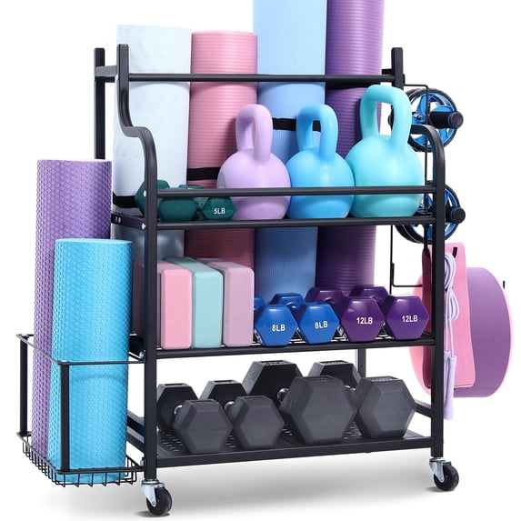 VEVOR Yoga Mat Storage Rack, Home Gym Workout Equipment Organizer, Powder Coated Finish Steel Yoga Mat Holder with Hooks & Wheels, Weight Rack for Dumbbell, Kettlebell, Foam Roller, and Yoga Strap