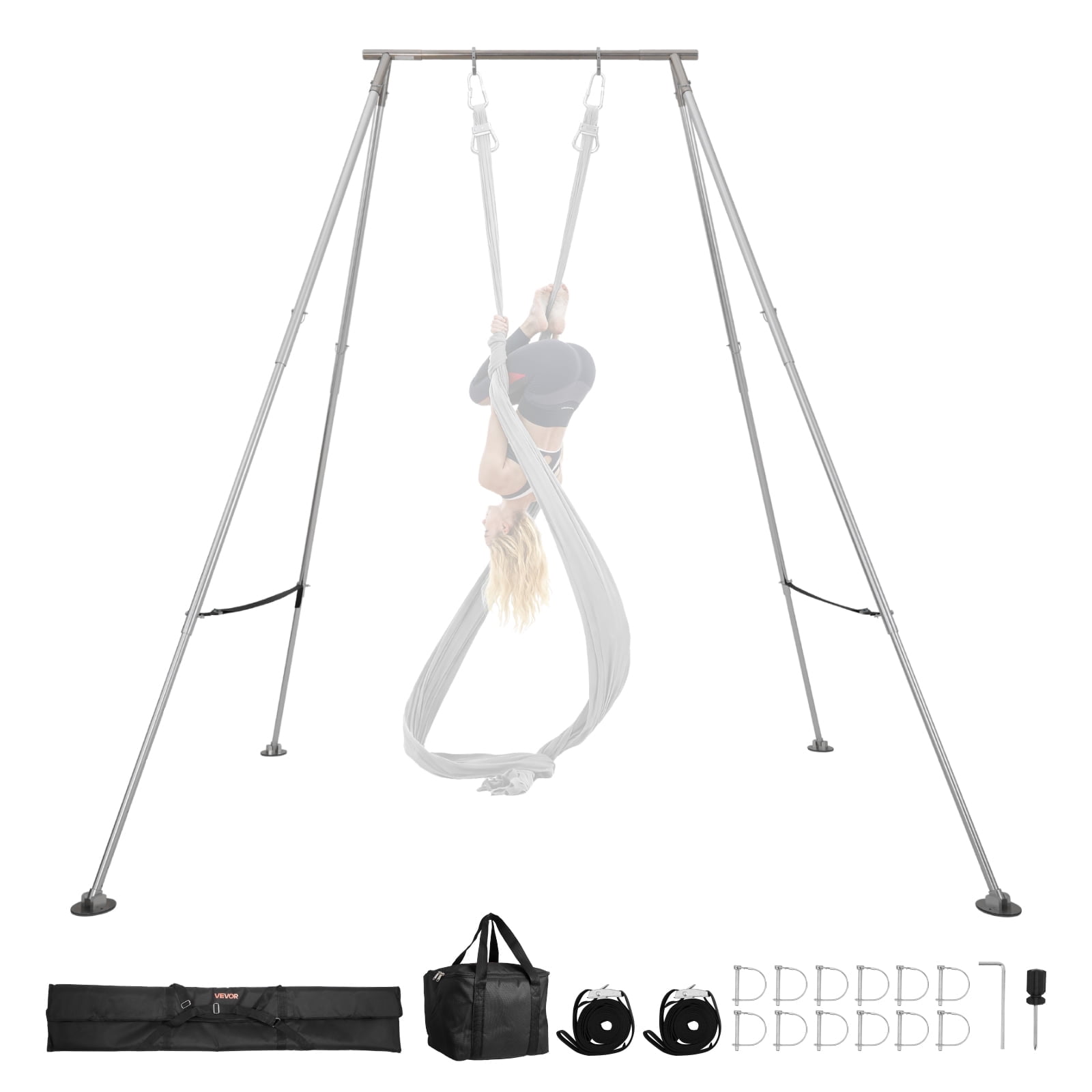 VEVOR Yoga Stand Frame, Max 310 lbs Load Swing Stand, Triangular Structure Pull Up Stands, Aerial Silk Stands with Height Adjustable & Aluminum Frame Legs, Stainless Steel Top Bar
