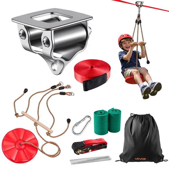 VEVOR Zipline Kit, 65 ft, Polyester Strap, Backyard Zipline, Up to 330 lb, for Backyard Play, Durable Zipline for Kids with Ratchet Tensioner, Swing Seat & 3-in-1 Setup, Ages 6-16, Not for Adults