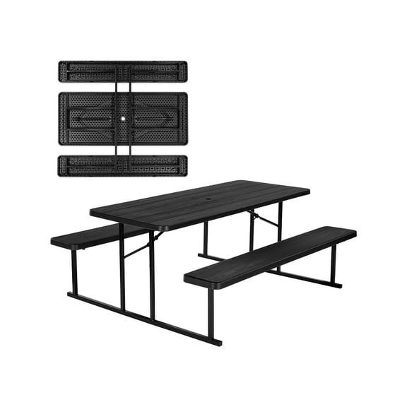 VEVORFoldable Picnic Table, 6 FT Folding Picnic Tables with Benches, Steel Outdoor Bench Set with UmbrellaHole,Large Outside Dining Table for Patio Garden Yard Poolside(Black)