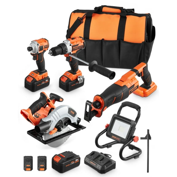VEVORTool Combo Kit, 20VBrushless5-Tool Combo Kit, Cordless Power Tool Combo Kit, Cordless Drill and Impact Driver, with 4.0Ah Batteries, Charger, Reciprocating Saw