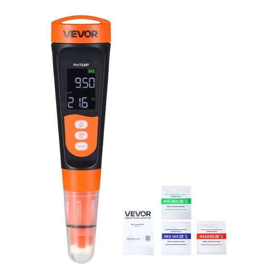 VEVOR pH Meter, 0-14 pH Range, IP68 Waterproof Probe, Pocket Tester Kit with Calibration Powder Packets, VA Display Screen, for Drinking Water, Hydroponics, and Aquarium Water Quality Testing