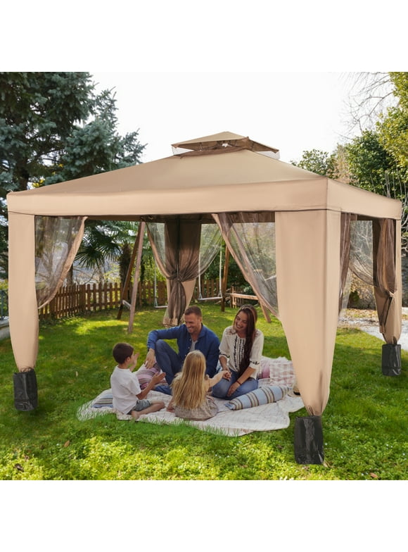 VEVORbrand 10x10ft Outdoor Canopy Gazebo with Four Sandbags - Gazebo with Netting, Waterproof and UV Protection - Patio Gazebo Brown for Backyard, Outdoor, Patio and Lawn