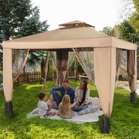 VEVORbrand 10x10ft Outdoor Canopy Gazebo with Four Sandbags - Gazebo with Netting, Waterproof and UV Protection - Patio Gazebo Brown for Backyard, Outdoor, Patio and Lawn