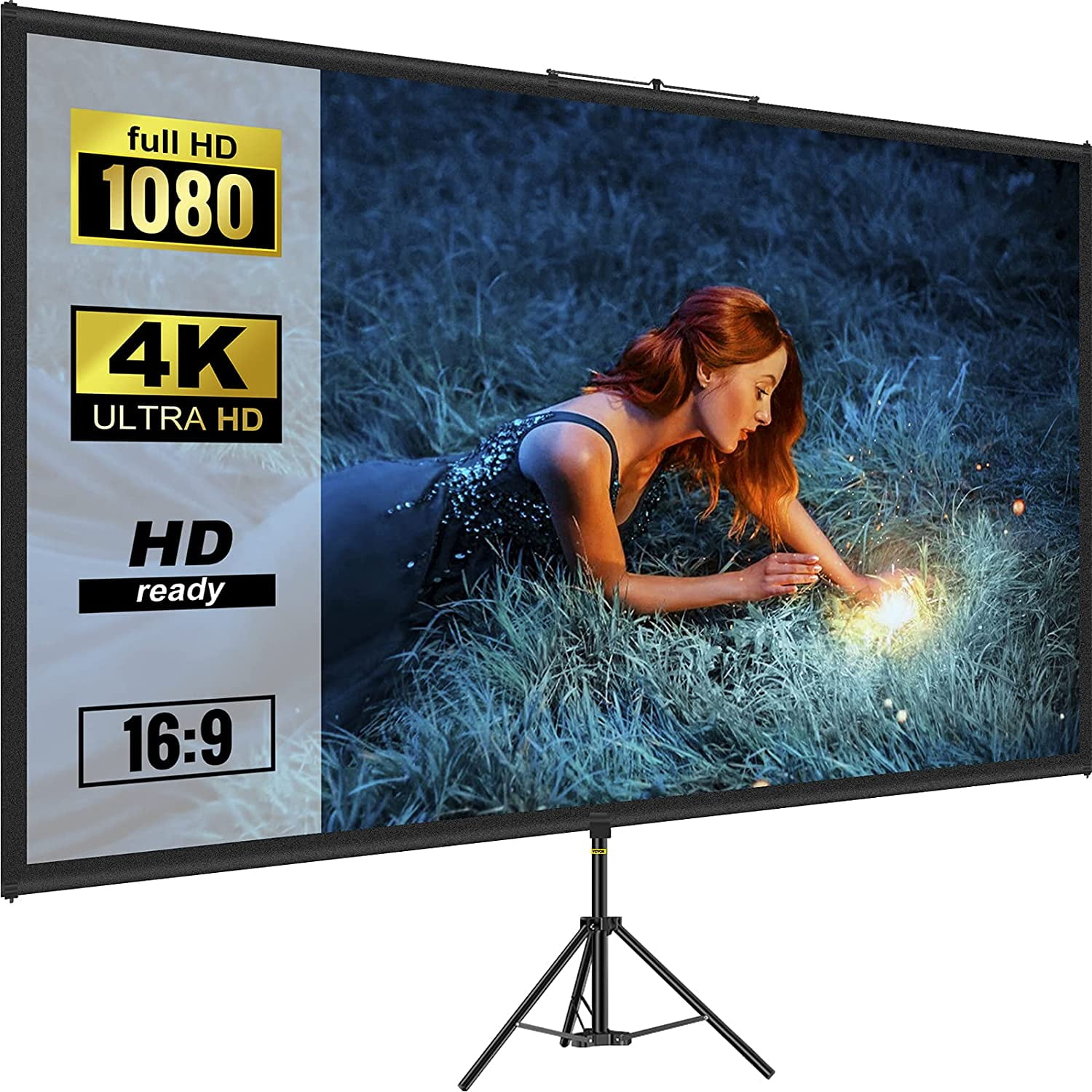 VEVORbrand 110" Tripod Projector Screen with Stand 16:9 4K HD Foldable Home Cinema Wrinkle-Free Height Adjustable Portable Screen for Projector Indoor & Outdoor