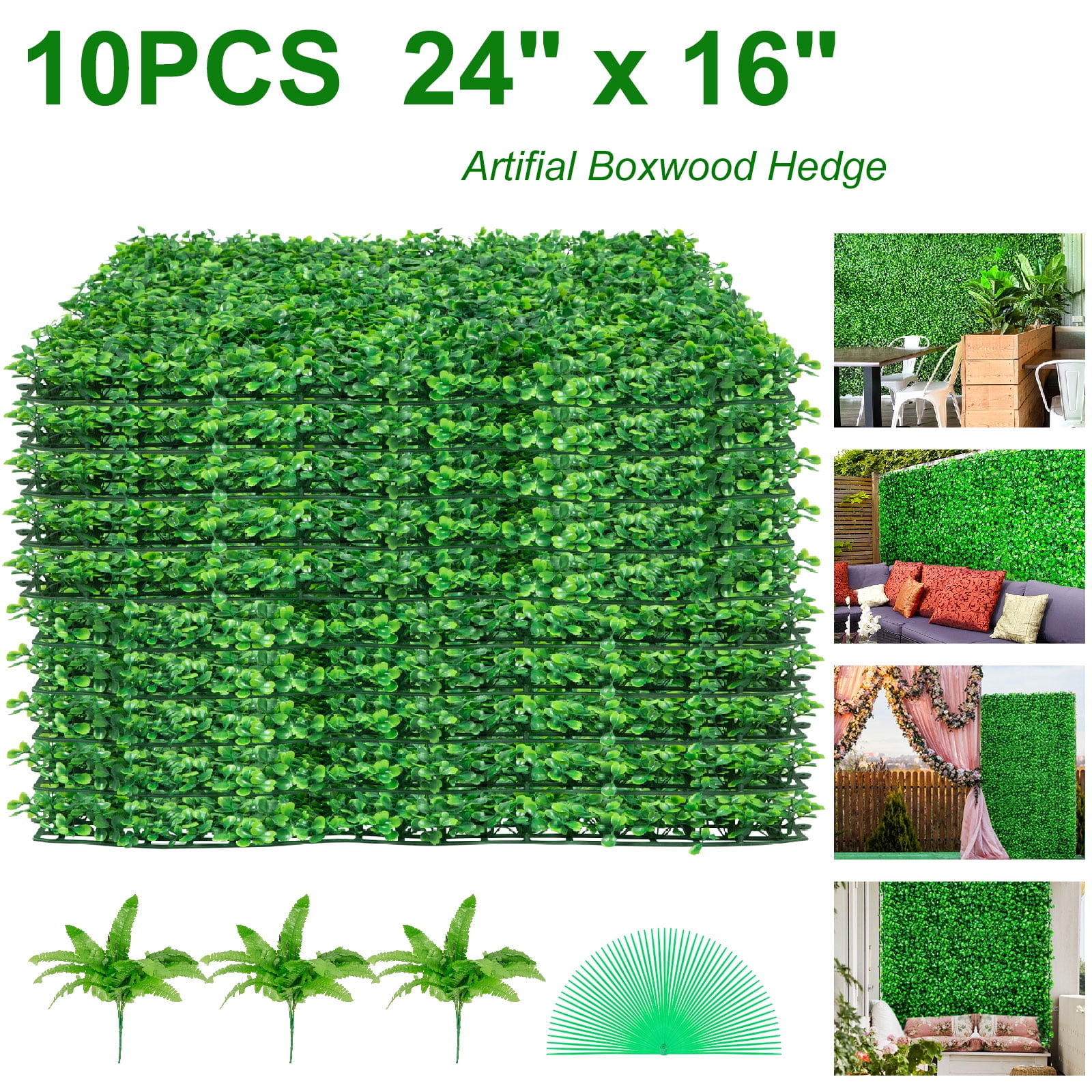 VEVORbrand 24X16" Artificial Boxwood Panel UV 10 PCS Boxwood Hedge Wall Panels Artificial Grass Backdrop Wall 4cm Green Grass Wall Fake Hedge for Decor Privacy Fence Indoor Outdoor Garden Backyard