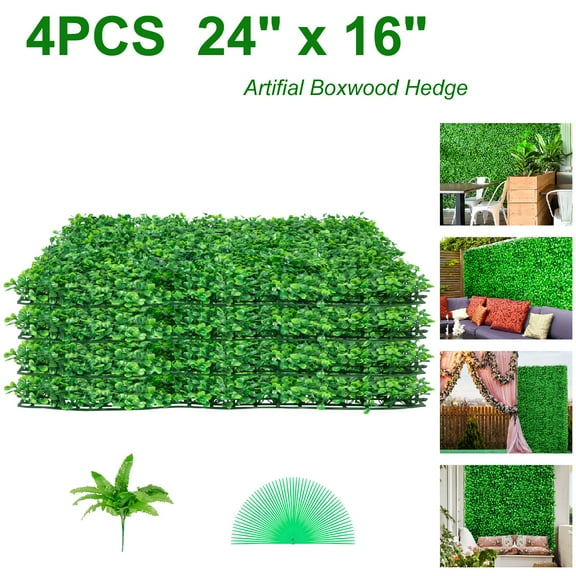 VEVORbrand 24X16" Artificial Boxwood Panel UV 4PCS Boxwood Hedge Wall Panels Artificial Grass Backdrop Wall 4 CM Green Grass Wall Fake Hedge for Decor Privacy Fence Indoor Outdoor Garden Backyard