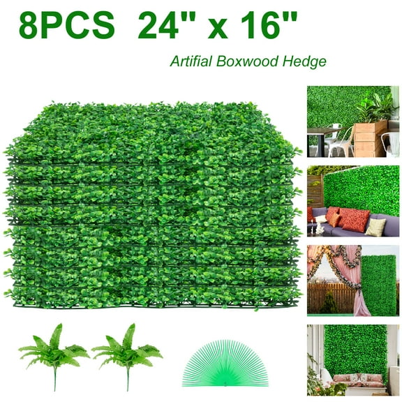 VEVORbrand 24X16" Artificial Boxwood Panel UV 8 PCS Boxwood Hedge Wall Panels Artificial Grass Backdrop Wall 4 cm Green Grass Wall, Fake Hedge for Decor Privacy Fence Indoor Outdoor Garden Backyard