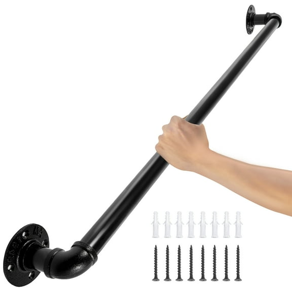 VEVORbrand 2FT Staircase Handrail, 440LBS Load Capacity Carbon Steel Pipe Handrail, Industrial Pipe Handrail with Wall Mount Support, Round Corner Wall Handrailings for Indoor, Outdoor