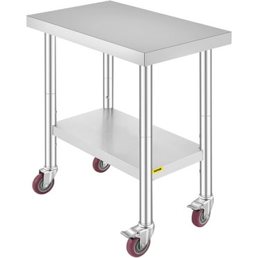VEVORbrand 30x18x34 inch Stainless Steel Work Table 3-Stage Adjustable Shelf with 4 Wheels Heavy Duty Commercial Food Prep Worktable with Brake for Kitchen Prep Work