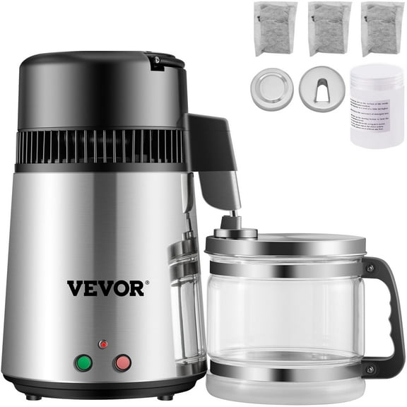 VEVORbrand 4L Water Distiller Purifier Machine 304 Stainless Steel Dual-Button Water Distiller 750W Dual-Button Water Distiller for Interior Home Sliver