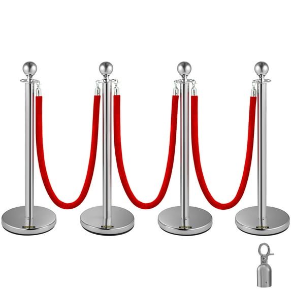 VEVORbrand 4Pack Silver Stanchion Posts Queue Red Velvet Rope 38inch Rope Barriers Crowd Control Barriers Queue Line for Patrty School Hotel Supplies