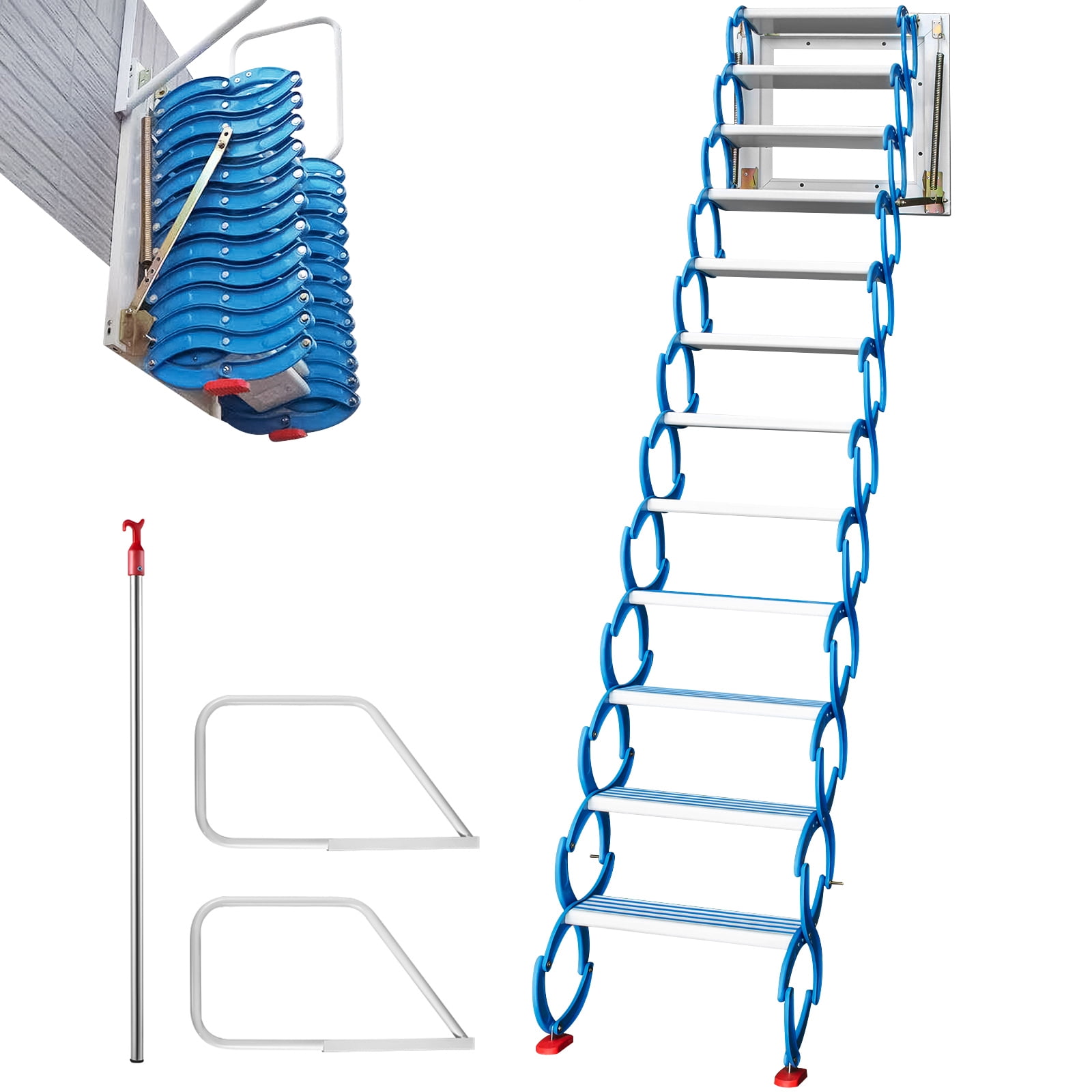 VEVORbrand Attic Steps Pull Down 12 Steps Attic Stairs, Alloy Attic Access Ladder, Pulldown Attic Stairs, Wall-mounted Folding Stairs For Attic, Retractable Attic Ladder With Armrests, 9.8 Feet Height