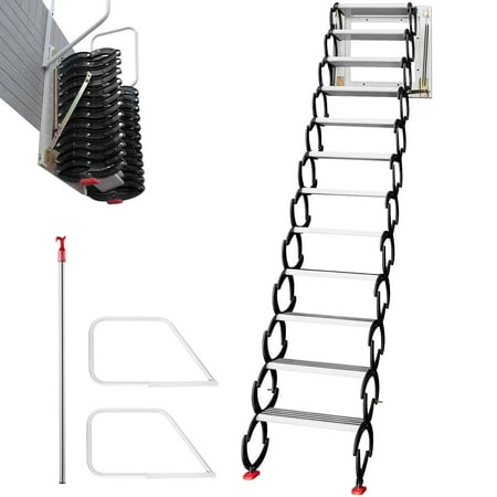 VEVORbrand Attic Steps Pull Down 12 Steps Attic Stairs Alloy Attic Access Ladder, Pulldown Attic Stairs, Wall-mounted Folding Stairs For Attic, Retractable Attic Ladder With Armrests, 9.8 Feet Height
