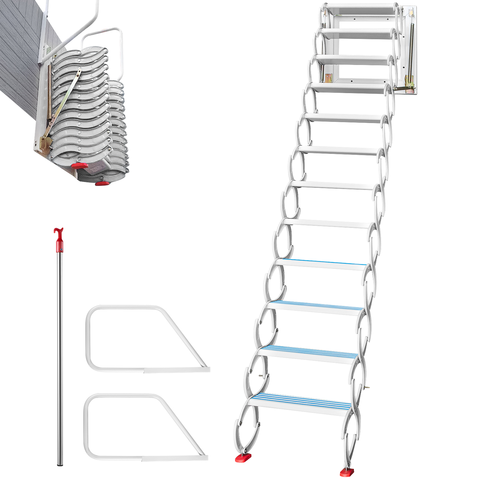 VEVORbrand Attic Steps Pull Down 12 Steps Attic Stairs Alloy Attic Access Ladder, White Pulldown, Wall-mounted Folding Stairs For Attic, Retractable Attic Ladder With Armrests, 9.8 Feet Height - image 1 of 9