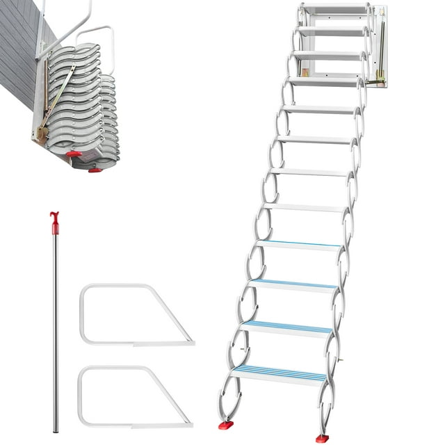 VEVORbrand Attic Steps Pull Down 12 Steps Attic Stairs Alloy Attic Access Ladder, White Pulldown, Wall-mounted Folding Stairs For Attic, Retractable Attic Ladder With Armrests, 9.8 Feet Height
