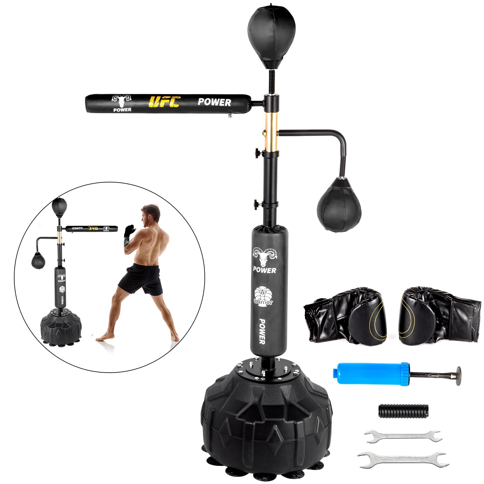 Boxing Training Kit - Punching Bag Spinning Bar, Reflex Ball & 360°Rotating  Rod Free Standing Design Adjustable Height for Adults & Kids（Black White）