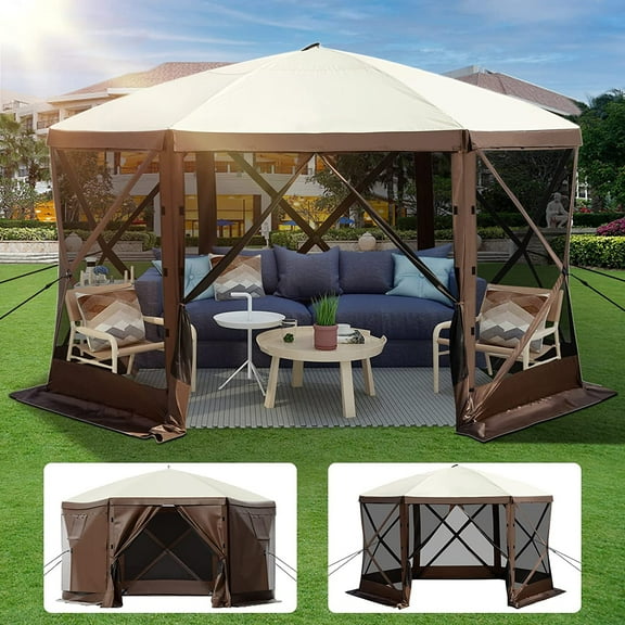 BENTISM 10'x10' Camping Gazebo Tent, 6 Sided Pop-up Canopy Screen Tent for 8 Person Camping, Waterproof Screen Shelter with Portable Storage Bag, Ground Stakes, Mesh Windows