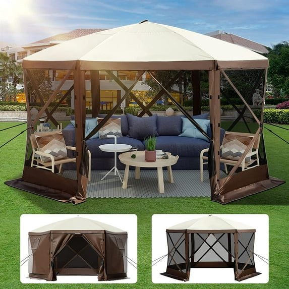 BENTISM 12'x12' Camping Gazebo Tent, 6 Sided Pop-up Canopy Screen Tent for 8 Person Camping, Waterproof Screen Shelter with Portable Storage Bag, Ground Stakes, Mesh Windows