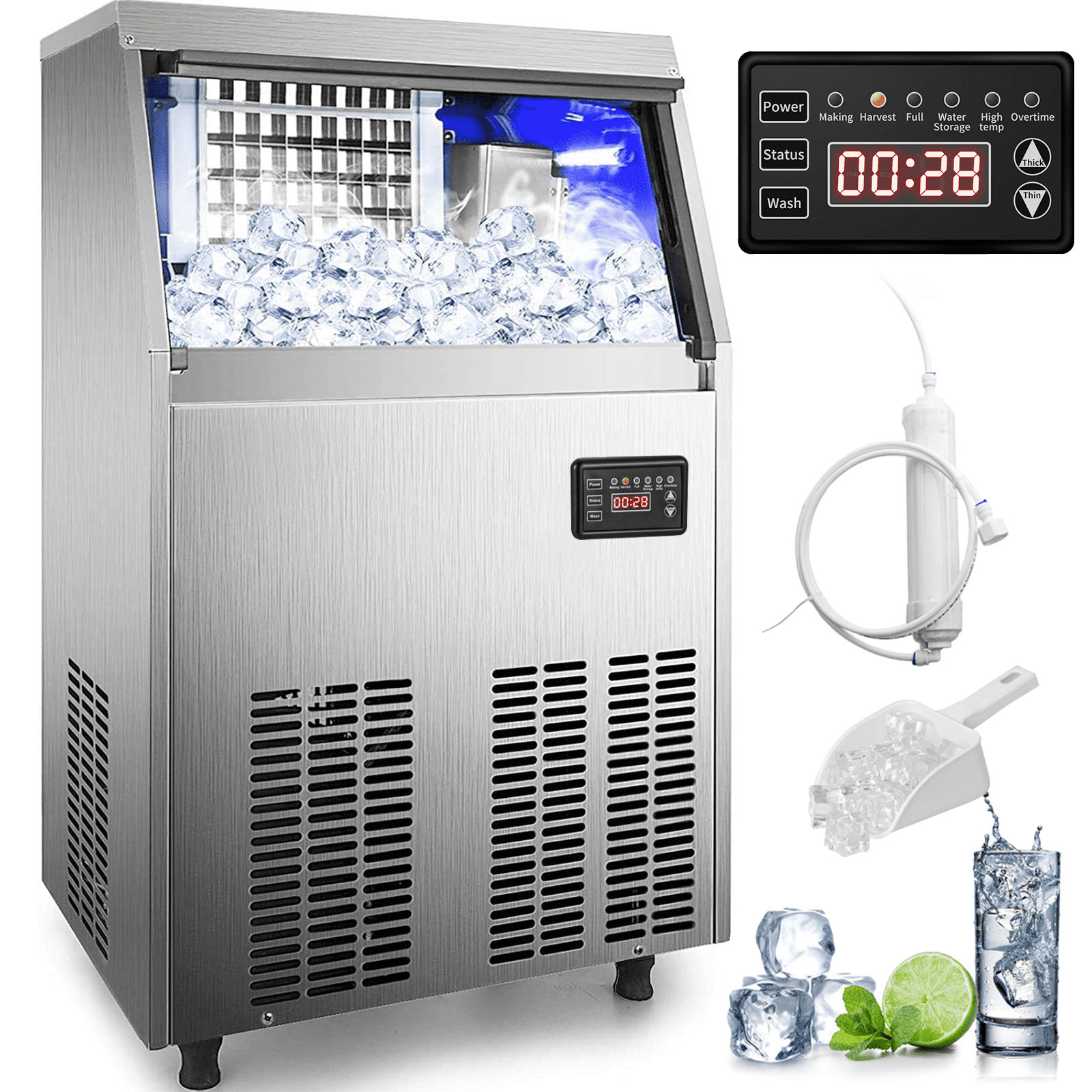 VEVORbrand Commercial Ice Maker 110-120lbs/24H with 33lbs Bin and Electric Water Drain Pump, Clear Cube, Stainless Steel Construction, Auto Operation