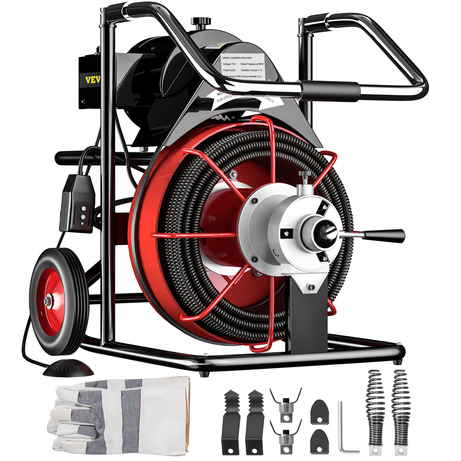 VEVORbrand Drain Cleaner Machine 100 ft x 1/2 in Drain Cleaning Machines 550W Electric Drain Auger 1700 r/min for 2" to 4" Pipes Electric Drain Snake Sewer Snake Drill - image 1 of 9