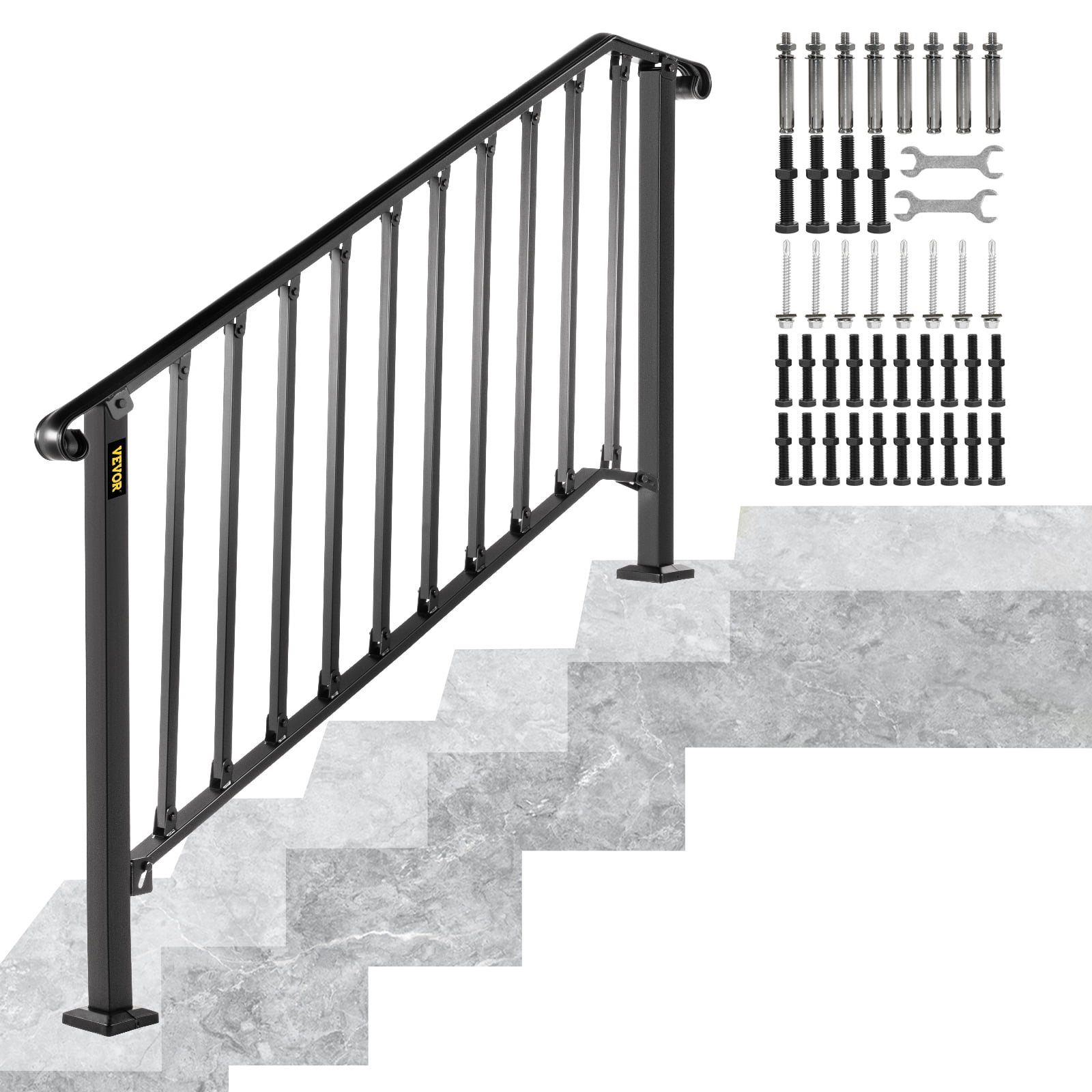 VEVORbrand Handrail Picket 4 Fits 4 or 5 steps Matte Black Stair Rail Height adjustable Wrought Iron Handrail with Installation Kit Hand Rails for Outdoor Steps
