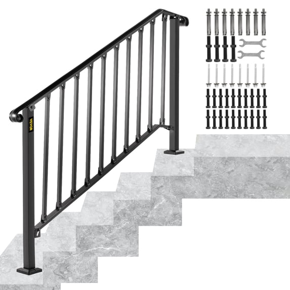 VEVORbrand Handrail Picket 4 Fits 4 or 5 steps Matte Black Stair Rail Height adjustable Wrought Iron Handrail with Installation Kit Hand Rails for Outdoor Steps