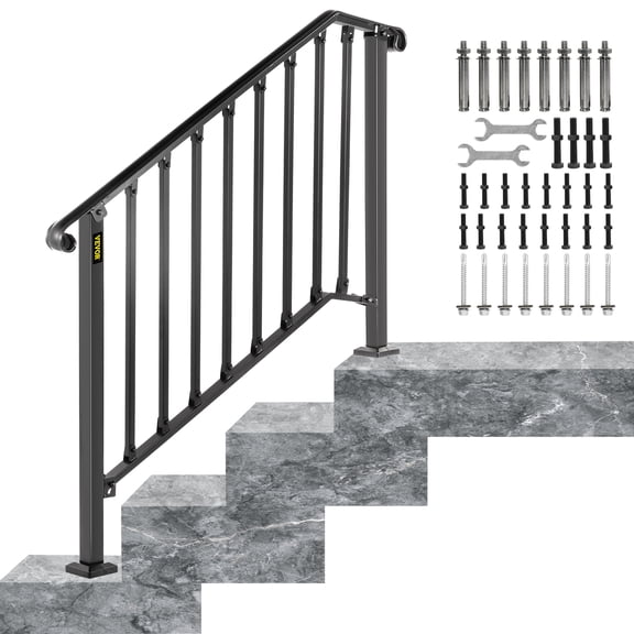 VEVORbrand Handrail for Stairs Fits 3 or 4 Steps Outdoor Handrail Rail Height adjustable Wrought Iron Handrail, Matte Black
