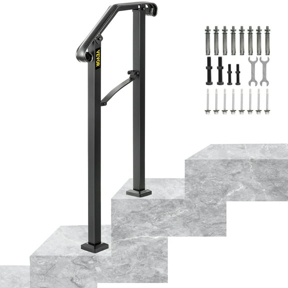 VEVORbrand Handrails for Outdoor Steps, Fit 1 or 2 Steps Outdoor Stair Railing, Arch#1 Wrought Iron Handrail, Height adjustable Porch Railing, Black Handrails for Concrete Steps or Wooden Stairs