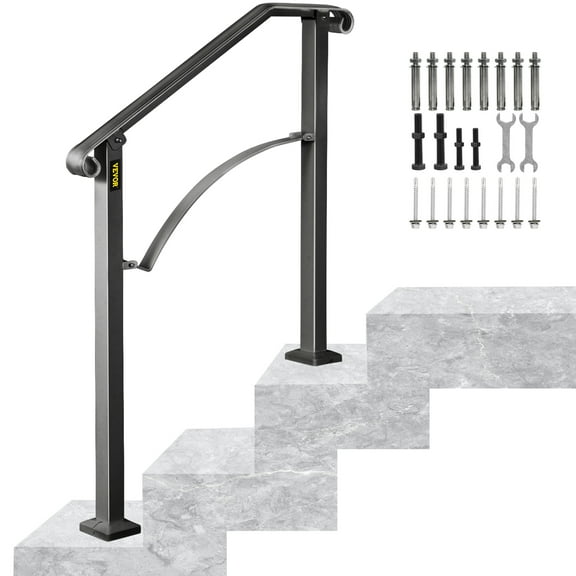 VEVORbrand Handrails for Outdoor Steps, Fit 2 or 3 Steps Outdoor Stair Railing, Arch#2 Wrought Iron Handrail, Height adjustable Porch Railing, Black Handrails for Concrete Steps or Wooden Stairs
