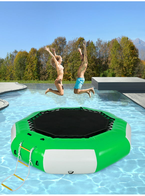 VEVORbrand Inflatable Water Trampoline 10ft, Round Inflatable Water Bouncer with 4-Step Ladder, Water Trampoline in Green and White for Water Sports