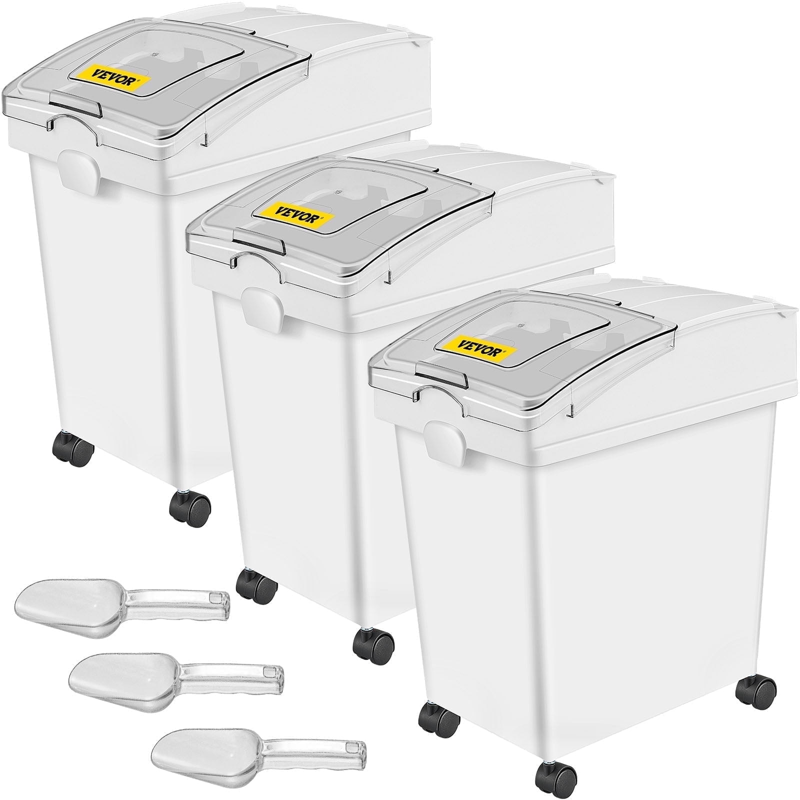 VEVORbrand Ingredient Bin, 6.6 Gallons Capacity Ingredient Storage Bin, 3 Pcs/Set, PP Material Flour Bins On Wheels, White Shelf with Scoop and Sliding Lid, Commercial Storage Bins