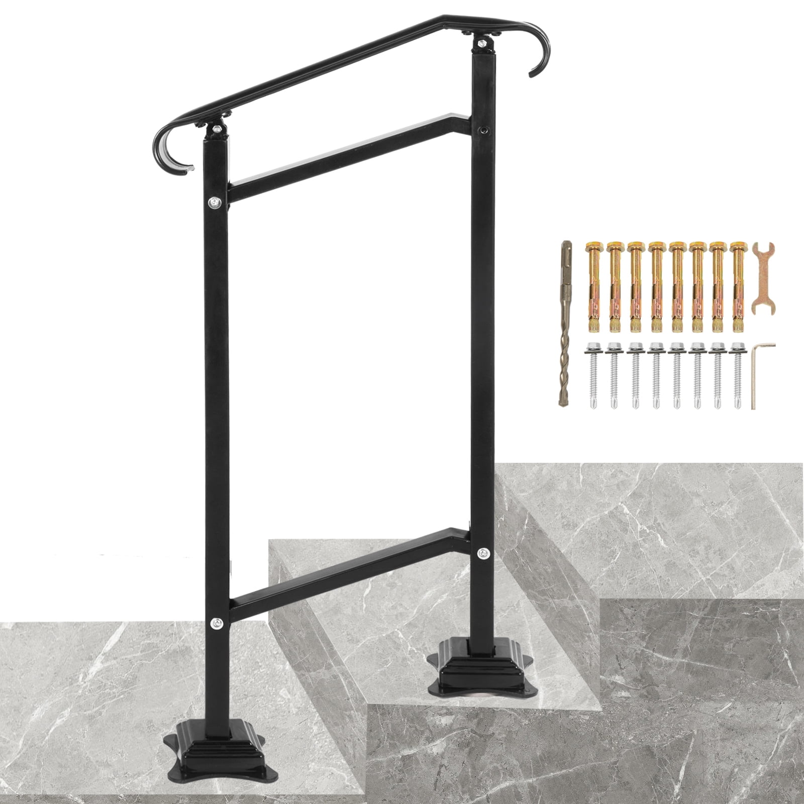 VEVOR 1-4 Steps Outdoor Stair Handrail, Adjustable from 0 to 50 degrees  Exterior Stair Railing, Transitional Wrought Iron Handrail, Handrails for  Concrete Steps with Installation Kit, Matte Black 