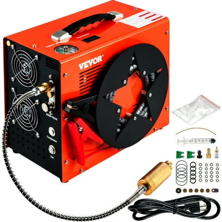 VEVORbrand PCP Air Compressor,4500PSI Portable PCP Compressor,12V DC 110V/220V AC PCP Airgun Compressor Auto-stop,with Built-in Adapter,Fan Cooling,Wire Spool Suitable for Paintball,Scuba,Air Rifle