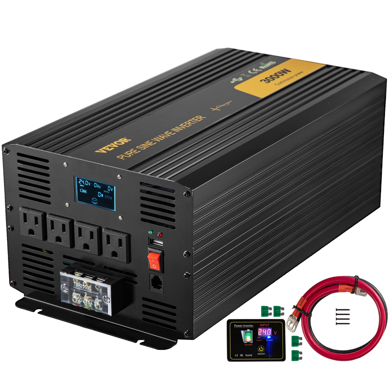 VEVORbrand Pure Sine Wave Inverter 3000W Power Inverter, DC 24V to AC 120V  Car Inverter, with USB Port LCD Display Remote Controller and AC  Outlets,for RV Truck Car Solar System Travel Camping 