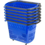 VEVORbrand Shopping Baskets, Blue Shopping Baskets with Handles, Plastic Rolling Shopping Basket with Wheels,  Shopping Carts,Portable Shopping Basket Set for Retail Store 6PCS