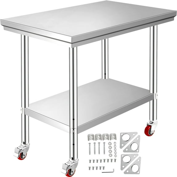 VEVORbrand Stainless Steel Work Table 36x24 Inch with 4 Wheels Commercial Food Prep Worktable with Casters Heavy Duty Work Table for Commercial Kitchen Restaurant