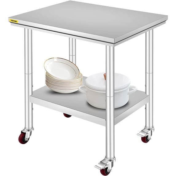 VEVORbrand Stainless Steel Work Table with Wheels 24 x 30 x 32 inch Prep Table with casters Heavy Duty Work Table for Commercial Kitchen Restaurant Business