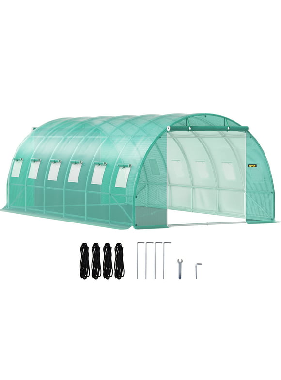 VEVORbrand Walk in Tunnel Greenhouse, 20 x 10 x 7 ft Portable Plant Hot House w/ Galvanized Steel Hoops, 3 Top Beams, Diagonal Poles, 2 Zippered Doors & 12 Roll-up Windows, Green