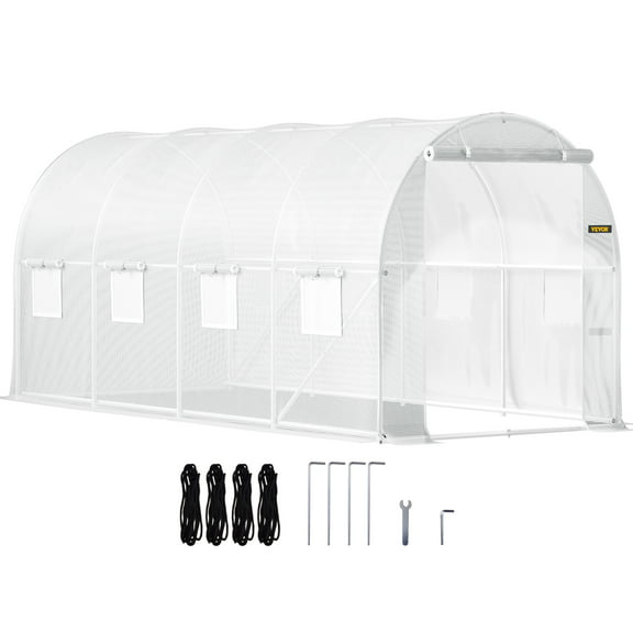 VEVORbrand Walk-in Tunnel Greenhouse, 15 x 7 x 7 ft Portable Plant Hot House w/ Galvanized Steel Hoops, 1 Top Beam, Diagonal Poles, Zippered Door & 8 Roll-up Windows, White