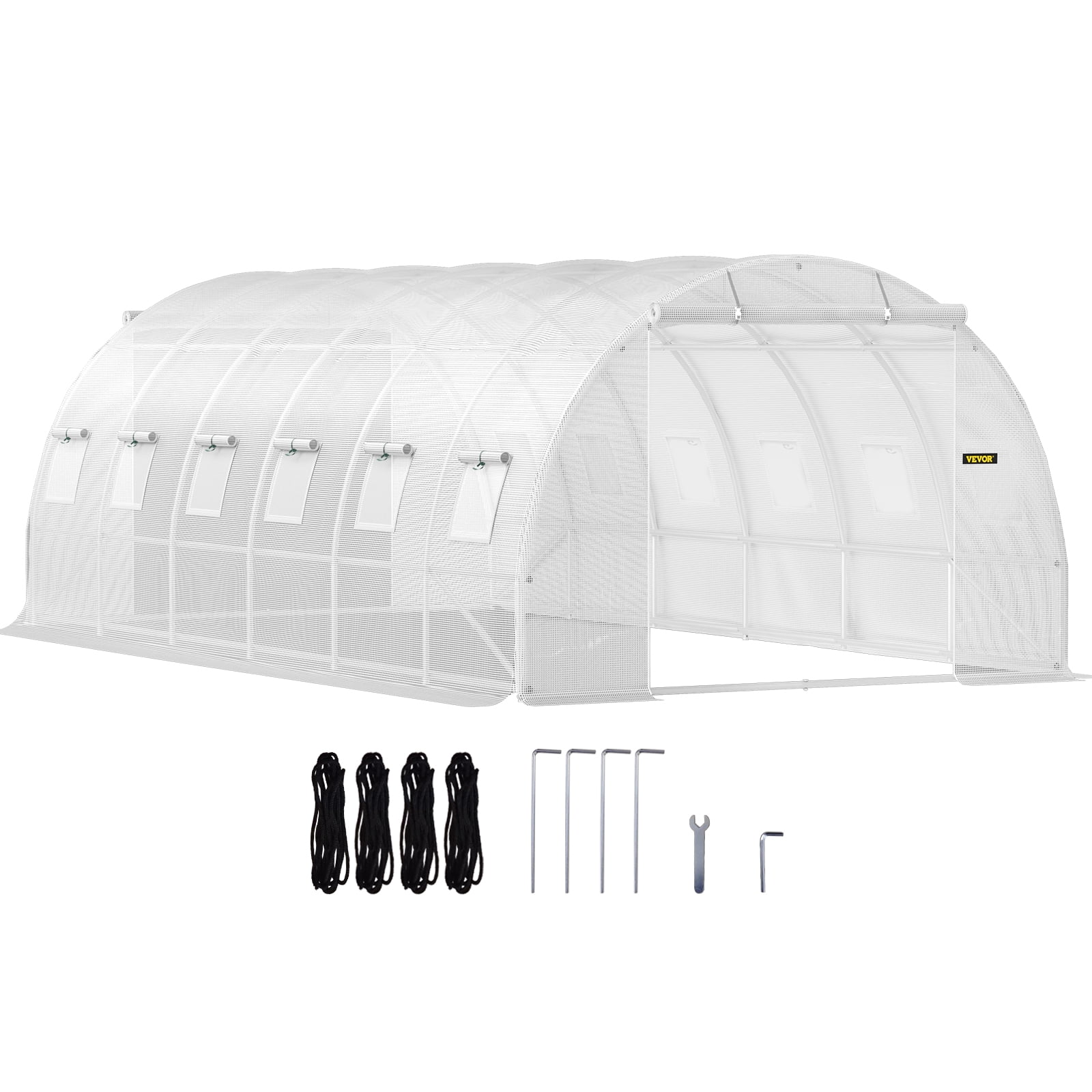 VEVORbrand Walk-in Tunnel Greenhouse, 20 x 10 x 7 ft Portable Plant Hot House w/ Galvanized Steel Hoops, 3 Top Beams, Diagonal Poles, 2 Zippered Doors & 12 Roll-up Windows, White