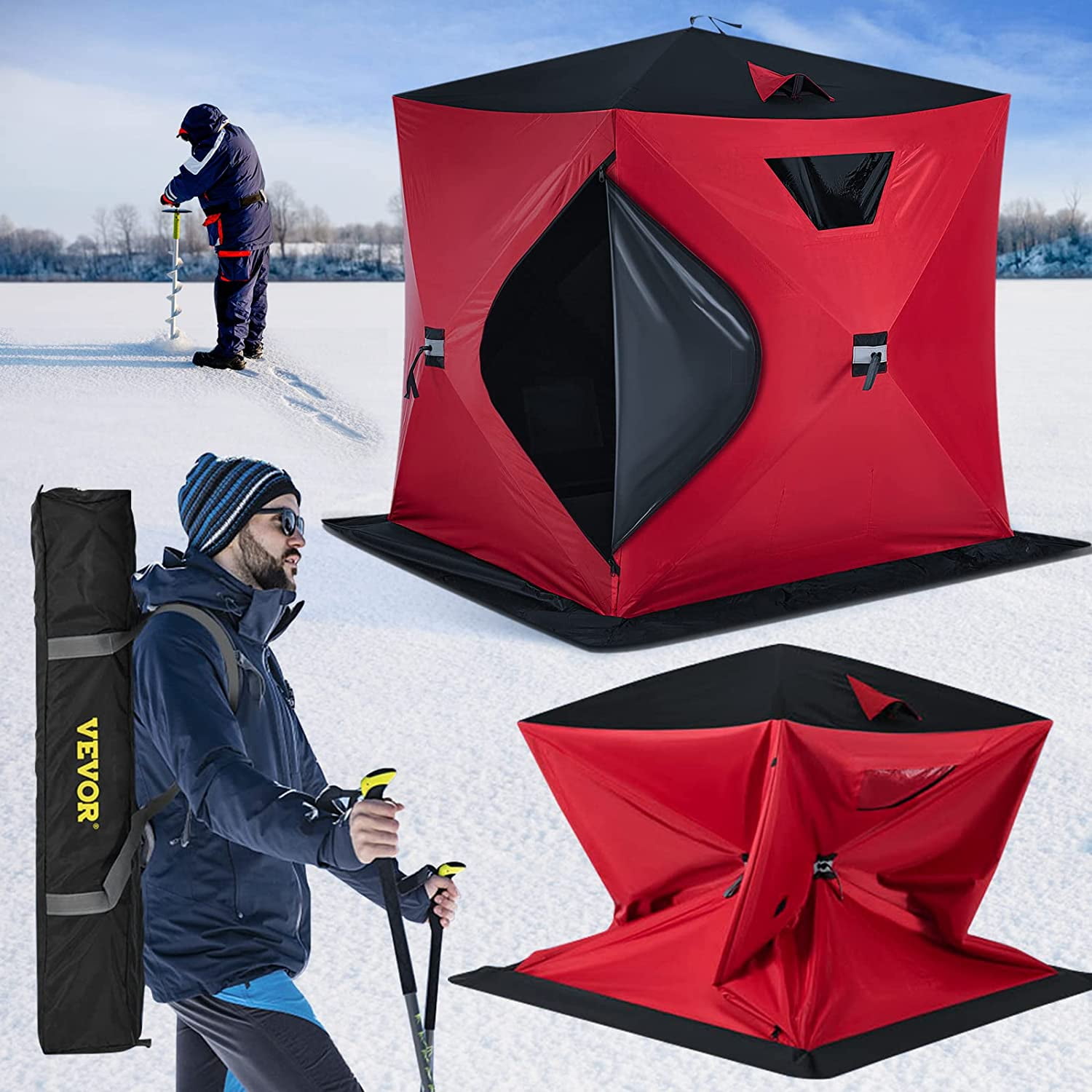 Vevorbrand Waterproof Pop-Up 2-Person Carrying Bag Ice Fishing Shelter with Detachable Ventilation Windows, 300D Oxford Fabric Zippered Door Shanty