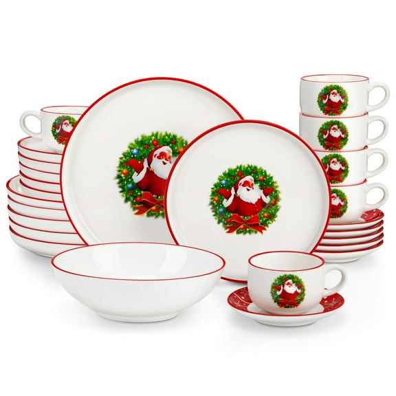 vancasso 30 Pieces Dinnerware Set Service for 6, Ceramic Tableware Set for Xmas, Dishwasher and Microwave Safe, Santa Claus