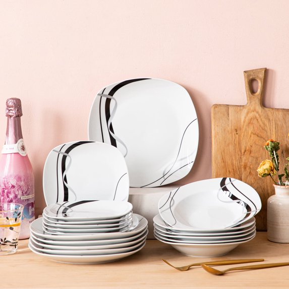 VEWEET, 18-Piece Porcelain Dinnerware Set, Ivory White Dinner Set, Service for 6