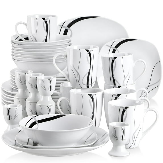 VEWEET 40-Piece Porcelain Dinner Set, White Black Lines Dinner Set, Service for 12
