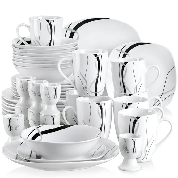 VEWEET 40-Piece Porcelain Dinner Set, White Black Lines Dinner Set, Service for 12