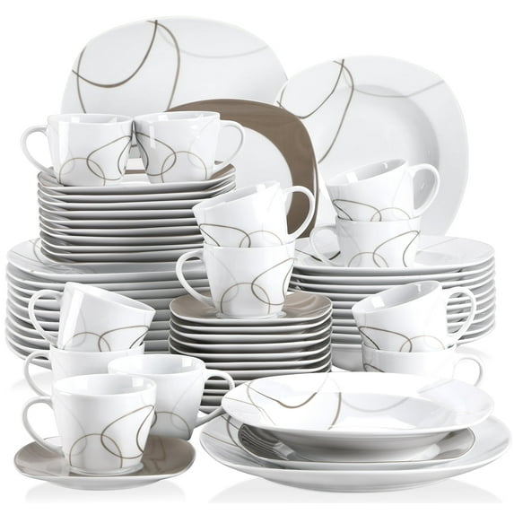 VEWEET, 60-Piece Porcelain Dinnerware Set, Ivory White Dinner Set, Service for 12