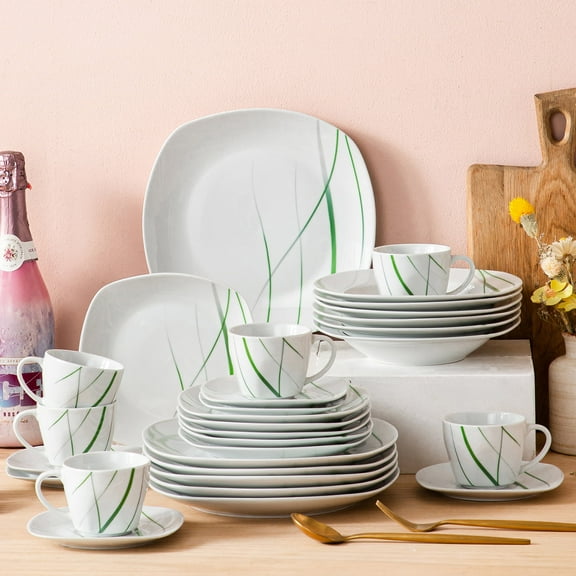VEWEET, Series AVIVA, 30-Piece Porcelain Dinnerware Set, Ivory White Green Lines Dinner Set, Service for 6