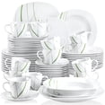 thumbnail image 1 of VEWEET, Series AVIVA, 60-Piece Porcelain Dinnerware Set, Ivory White Green Lines Dinner Set, Service for 12, 1 of 8